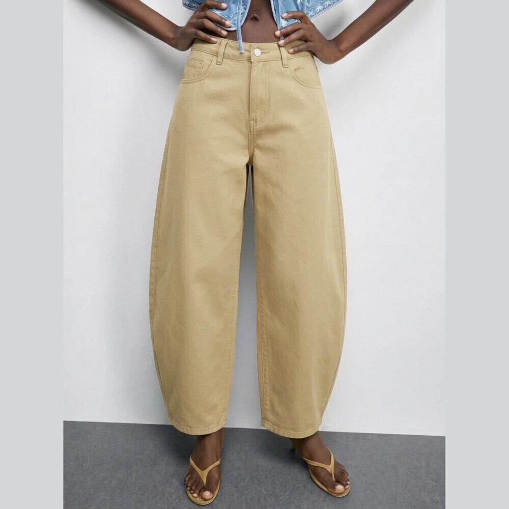 Tan Denim High Waist Barrel Leg Full Length Jeans